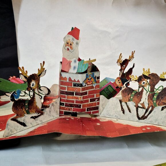 Vintage Hallmark Pop Up Christmas Card Santa Claus, Sleigh Chimney & Reindeer - Picture 2 of 16